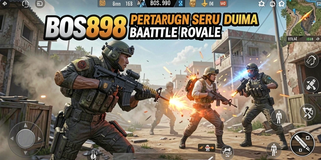 Screenshot utama menampilkan aksi seru dalam gameplay Battle Royale.