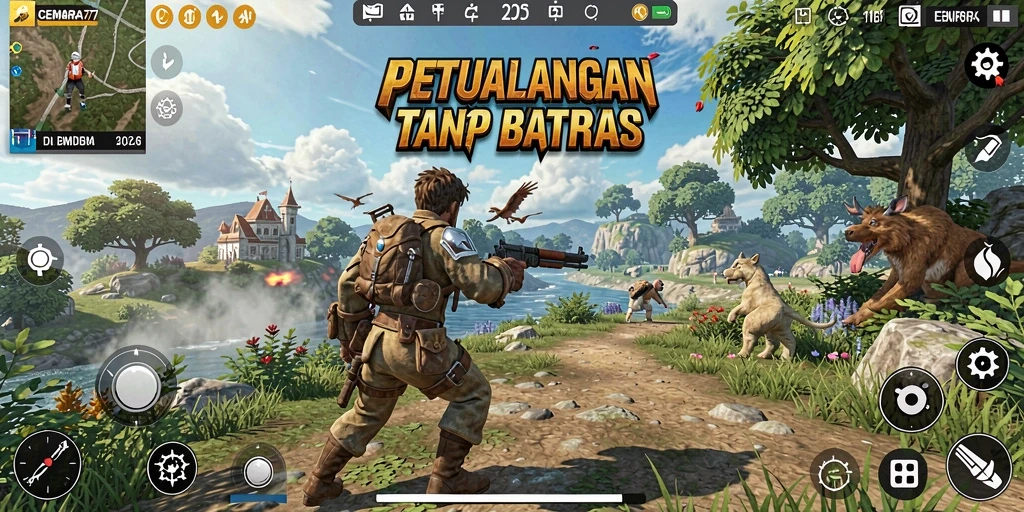 Screenshot gameplay CEMARA77 menampilkan eksplorasi dunia terbuka yang menakjubkan.