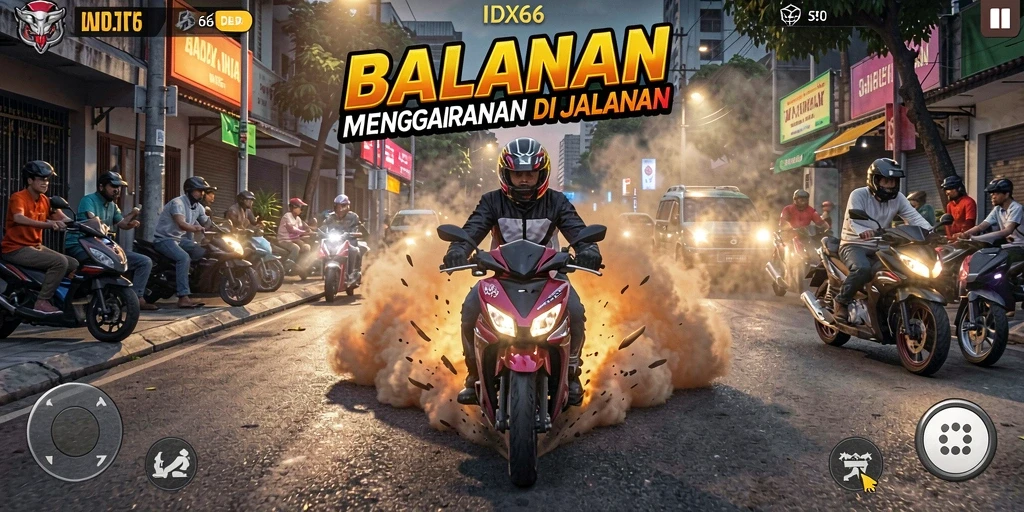 Tangkapan layar utama menampilkan momen seru balapan di trek menantang.