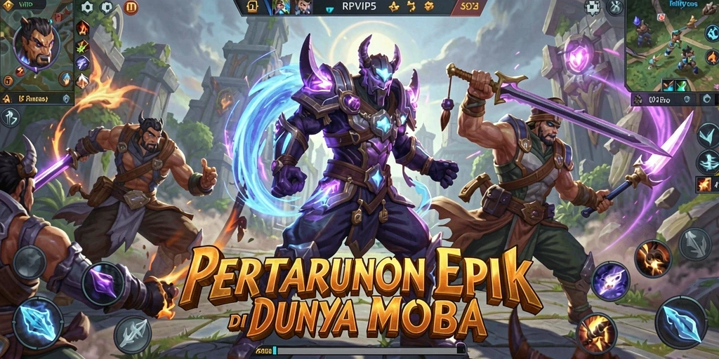 Screenshot gameplay RPVIP5 menampilkan aksi tim dalam pertempuran MOBA.