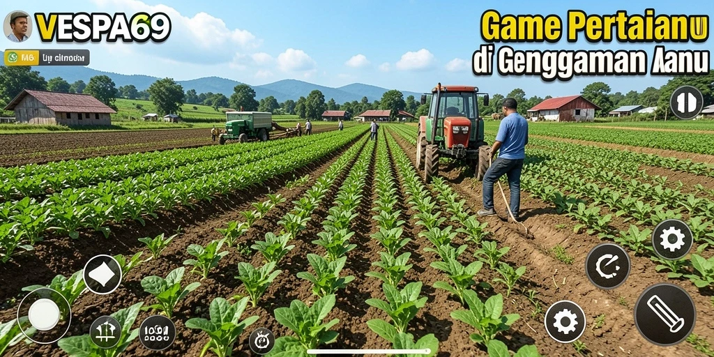 Gambar gameplay VESPA69 menampilkan petani yang sedang merawat tanaman.